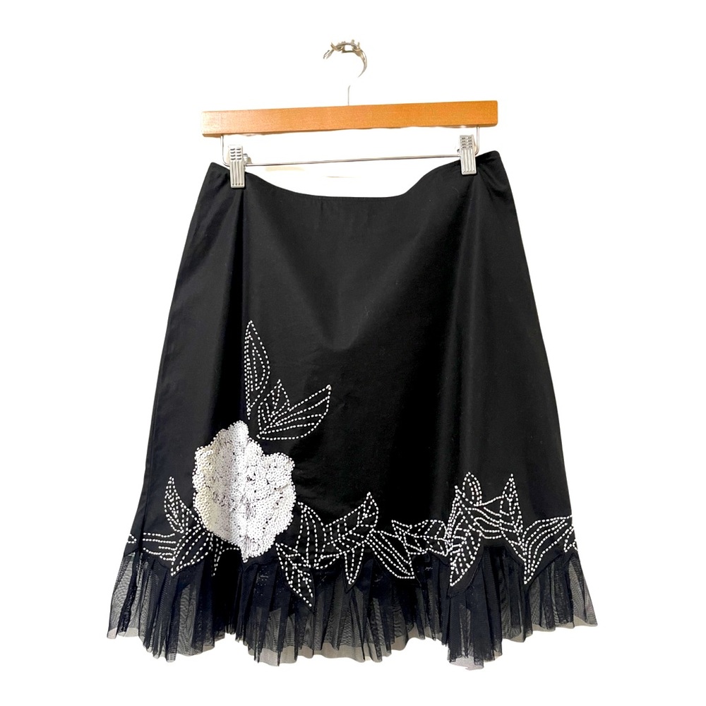 Cache Black & White Sequin Beaded Floral Pleated Mesh Skirt Size 4